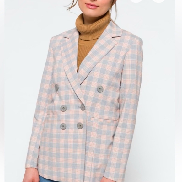 Coffee Shop plaid gray Double Breasted Blazer blushed pink - Picture 8 of 8